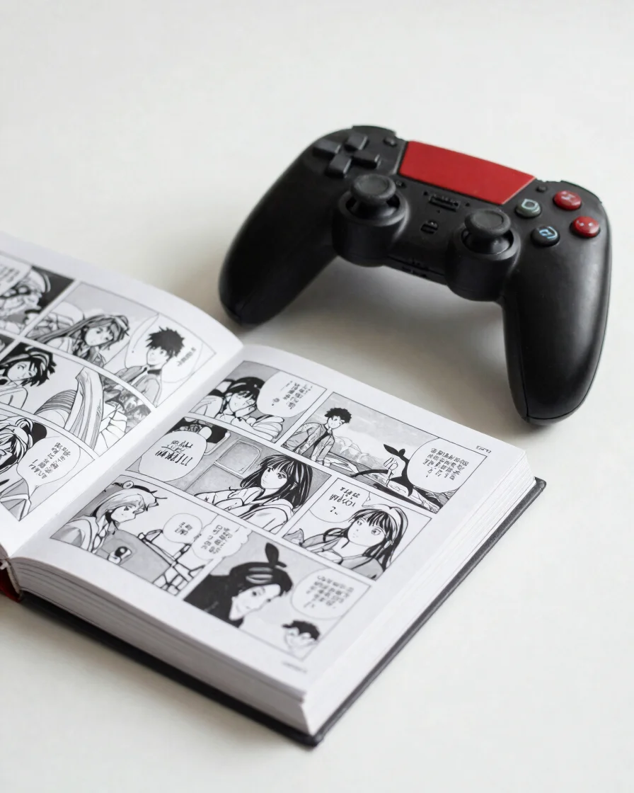 Fotografia editorial de uma mesa de leitura com quadrinhos fechad